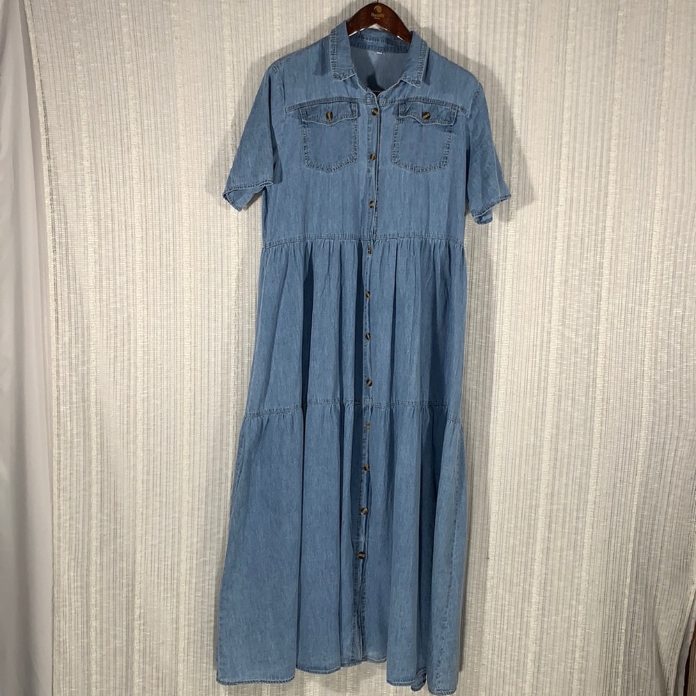Vintage 90s Boho Denim Tiered Button Down Maxi Dress Cotton Prairie Cottage XXL